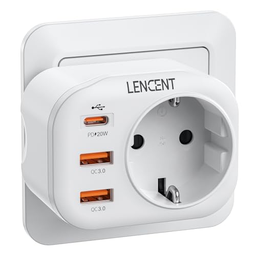 LENCENT USB Steckdose Mehrfachstecker EU Adapter mit 1 PD & 2 QC USB 3,0 Schnellladung Anschlüße, Wand Steckdose Schuko 4000W Stromadapter Stecker für Phone und Haushaltsgeräte von LENCENT