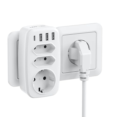 LENCENT USB Steckdose Steckdosenadapter 7-in-1 Mehrfach Stecker, 3 Fach Multistecker Doppel Euro und 1 Schuko Steckdose 4000W, Mehrfachsteckdose mit 3 USB-A & Typ-C für Smartphone, Laptop von LENCENT