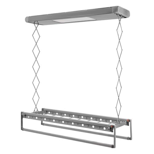 LENDISIY Elektrischer Wäscheständer Deckenmontage, Hebender Wäascheständer Decke mit Fernbedienung + LED-Beleuchtung, Kleiderstange 130-215 cm Einstellbare, 20m Fernbedienung (Grau) von LENDISIY