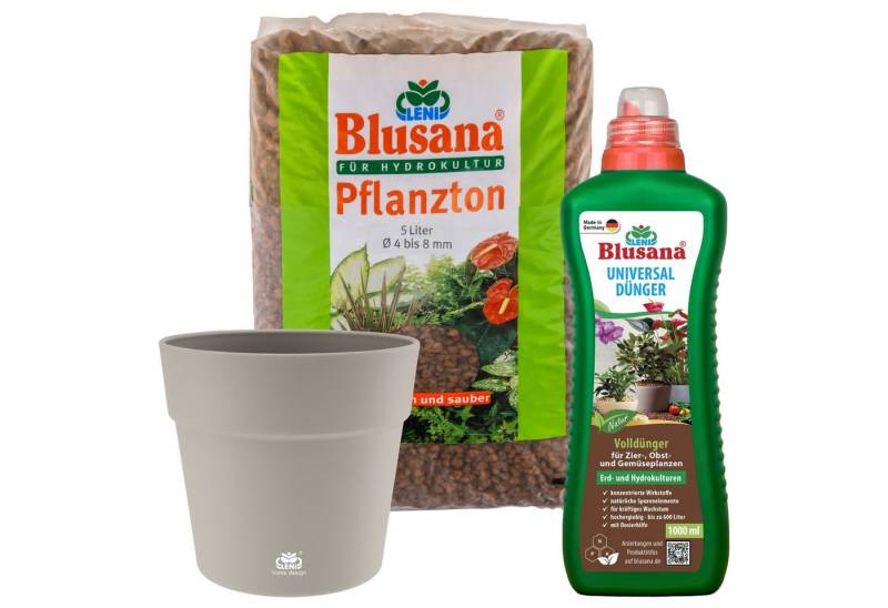 LENI Blumentopf "Classic" Kunststoff Übertopf kieselgrau / beige-grau (Hydrokultur-Set, 1 St., Pflanztopf + 5L Substrat + 1L Dünger), Wasserdichtes Pflanzgefäß für Indoor & Outdoor von LENI