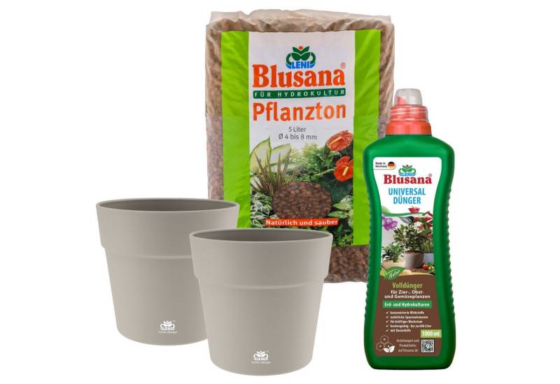 LENI Blumentopf "Classic" Kunststoff Übertopf kieselgrau / beige-grau (Hydrokultur-Set, 2 St., Pflanztopf + 5L Substrat + 1L Dünger), Wasserdichtes Pflanzgefäß für Indoor & Outdoor von LENI