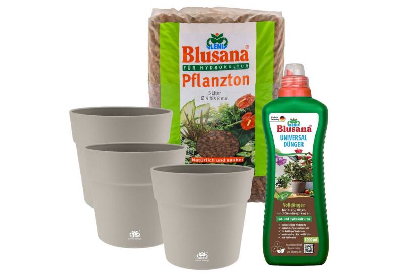 LENI Blumentopf "Classic" Kunststoff Übertopf kieselgrau / beige-grau (Hydrokultur-Set, 3 St., Pflanztopf + 5L Substrat + 1L Dünger), Wasserdichtes Pflanzgefäß für Indoor & Outdoor von LENI