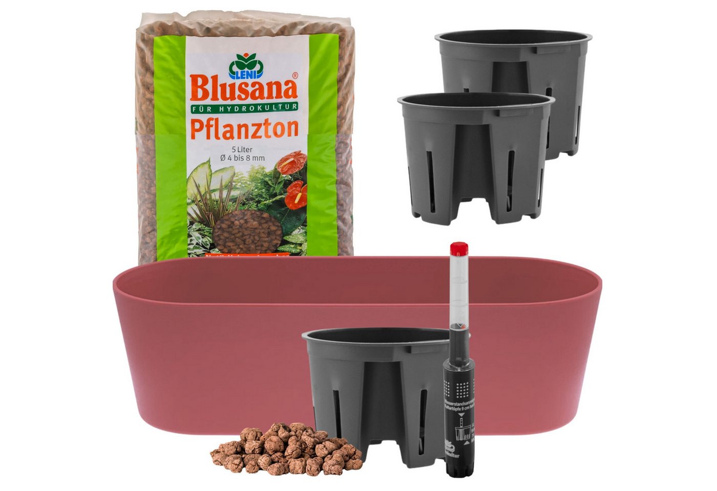 LENI Jardiniere Blumentopf länglich Pflanzkasten 36 cm lang Kräuter & Zimmerpflanzen (Komplettes Starter Set Selbstbewässerungstopf, mit 3 x Kulturtopf, 1 x Wasserstandsanzeiger, 5l Pflanzton), Übertopf ohne Loch für Hydrokultur & Erde, perfekt als Kräuter-Topf von LENI