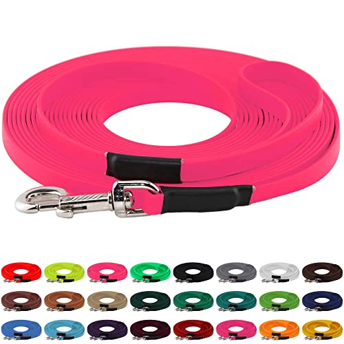 LENNIE BioThane Schleppleine, 13mm, Hunde 15-25kg, 5m lang, mit Handschlaufe, Neon-Pink, genäht von LENNIE