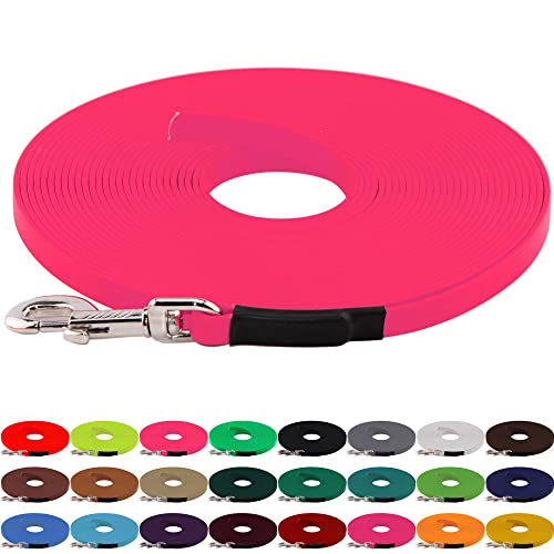 LENNIE BioThane Schleppleine, 13mm, Hunde 15-25kg, 8m lang, ohne Handschlaufe, Neon-Pink, genäht von LENNIE