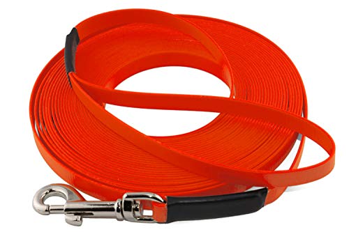 LENNIE Leichte BioThane Schleppleine, 16mm, Hunde 25-35kg, 10m lang, mit Handschlaufe, Neon-Orange, genäht von LENNIE