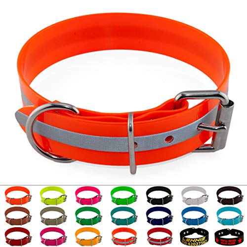 LENNIE BioThane Halsband, Edelstahl-Rollschnalle, 38 mm breit, Größe 38-48 cm, Neon-Orange-Reflex, Reflexstreifen von LENNIE