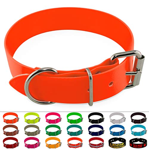 LENNIE BioThane Halsband, Edelstahl-Rollschnalle, 38 mm breit, Größe 59-69 cm, Neon-Orange, Aufdruck möglich von LENNIE