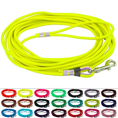 LENNIE Runde BioThane Schleppleine für Hunde von 15-25kg, Ø 6mm, 10m lang, mit Handschlaufe, Neon-Gelb von LENNIE