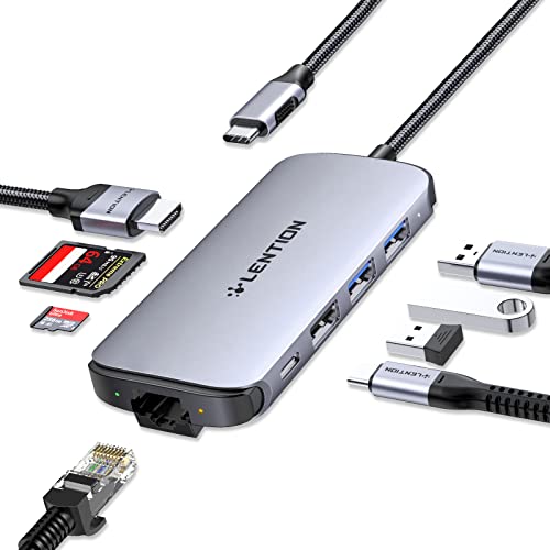LENTION USB-C 8 in 1 Hub mit 4K HDMI, 3 USB 3.0, PD 60W, SD/TF, 1000M Ethernet Adapter für 2023-2016 MacBook Pro 13/15/16/M1, New Mac Air & Surface, Chromebook, Mehr (C48, Space Grau) von LENTION