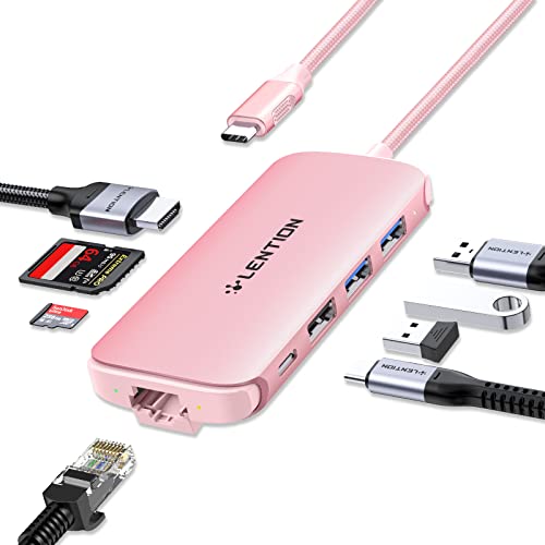 LENTION USB-C 8 in 1 Hub mit 4K HDMI 3 USB 3.0 Typ C Aufladen SD/TF 1000M Ethernet Adapter für 2023-2016 MacBook Pro 13/14/15/16/M1/M2 New Mac Air & Surface Chromebook More (C48, Roségold) von LENTION