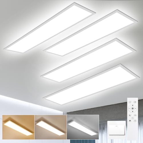 LEOEU 4x LED Panel Deckenleuchte 120x30CM, Deckenlampe mit Fernbedienung 40W 4800LM, Deckenlampe Dimmbar 3000K - 6500K, Deckenleuchte Büro mit Speicherfunktion, Deckenpanel für küche Wohnzimmer von LEOEU