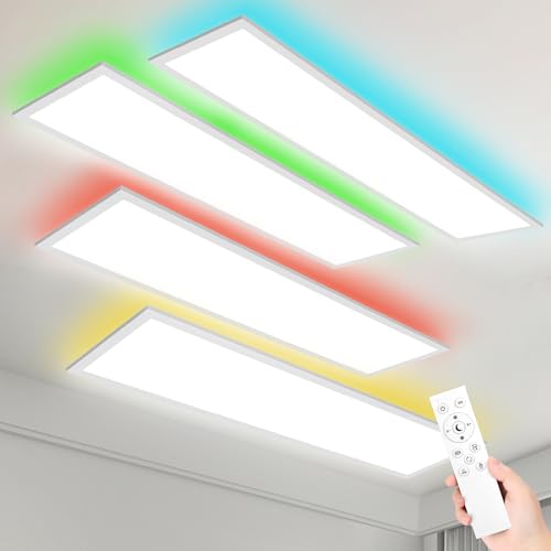 LEOEU 4x LED Panel Deckenleuchte mit Fernbedienung 100x25CM, 30W 3800LM RGB Deckenlampe Farbwechsel, Deckenlampe Dimmbar 3000K-6500K Ultra Dünn Panel für Wohnzimmer Kinderzimmer schlafzimmer von LEOEU