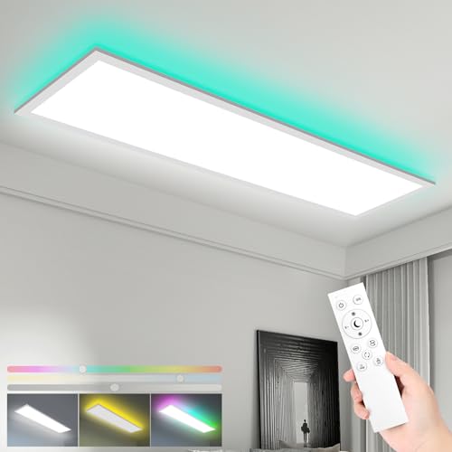 LEOEU LED Panel Deckenleuchte mit Fernbedienung 100x25CM, 30W 3800LM RGB Deckenlampe Farbwechsel, Deckenlampe Dimmbar 3000K-6500K Ultra Dünn Panel für Wohnzimmer Kinderzimmer schlafzimmer von LEOEU