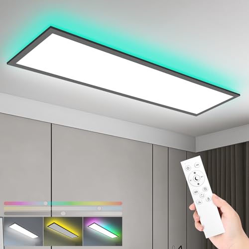 LEOEU LED Panel Deckenleuchte mit Fernbedienung 120x30CM Schwarz, 40W 4800LM RGB Deckenlampe Farbwechsel, Deckenlampe Dimmbar 3000K-6500K Ultra Dünn Panel für Wohnzimmer Kinderzimmer schlafzimmer von LEOEU