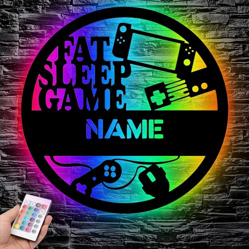 FAT SLEEP GAME - RGB Led Gaming Schild - Gamer Geschenkidee personalisiert Mit Name - Wand Lampe - Zimmer Deko - Besondere Geschenke für Videospiel Fans - Bedienung über die App von LEON FOLIEN