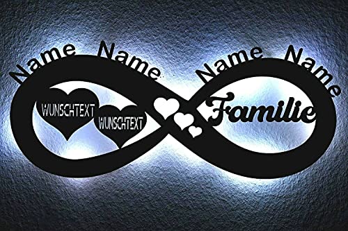 Familie neu Deko LED Schlummerlicht Nachtlicht Unendlichkeit, Herzchen Unendlichkeitszeichen personalisiert mit Wunschtext & Namen - Family Geschenk Infinity von LEON FOLIEN