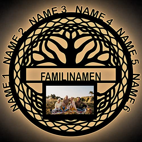 LEON FOLIEN Led Familienbaum personalisiert Bilderrahmen Stammbaum bis 8 Namen & Familienname - Familiengeschenke Lebensbaum Geschenk Wand Deko - Lampe Nachtlicht (#4 Mit Bilderrahmen) von LEON FOLIEN