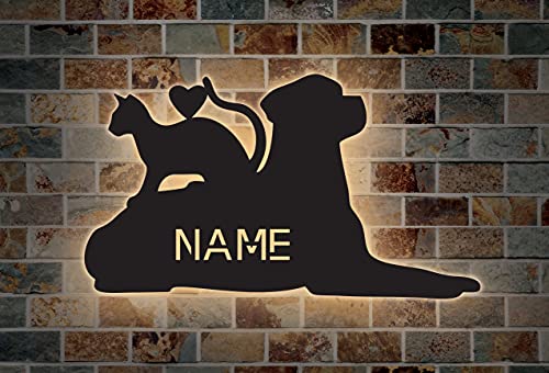 Hund mit Katze Love Schlummerlicht personalisiert mit Name Led Lasergravur aus MDF Holz Nachtlicht Geschenk Wandschild von LEON - FOLIEN
