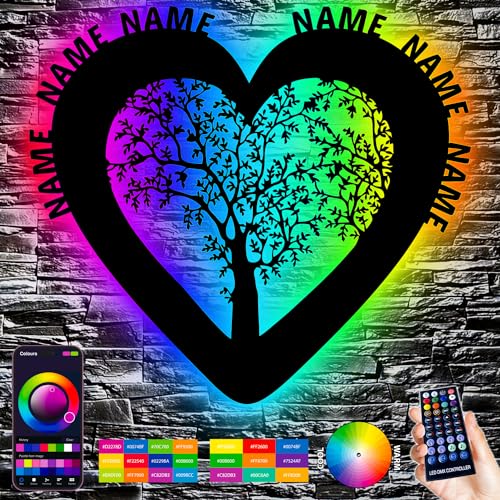 LEON FOLIEN LED RGB Farbwechsel Herzbaum Lebensbaum Familienbaum 16 Farben USB personalisiert mit Wunschnamen Stammbaum XXL aus Holz Wanddeko Familie App Musiksteuerung Herz Liebe von LEON FOLIEN