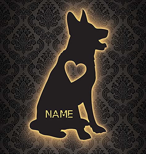 DOG Schlummerlicht Hund personalisiert mit Name Led Lasergravur aus MDF Holz Nachtlicht Geschenk Wandschild Deko Lampe - Schäferhund - in 7 Farben - LEON FOLIEN von LEON - FOLIEN