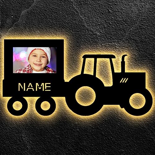 LEON - FOLIEN Traktor mit Bilderrahmen Led deko Schlummerlicht für dein Foto Traki Nachtlicht personalisiert mit Wunschnamen - Papa - Opa - Mann Geschenke - Geburtstag - Kinder - Mann - Frau von LEON - FOLIEN