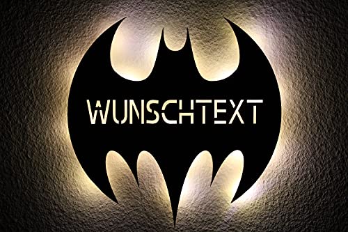 LEON FOLIEN XXL Fledermaus LED Schlummerlicht personalisiert mit Wunschtext Deko, Lasergravur Nachtlicht Abendlicht Geschenk Beleuchtung aus MDF Holz von LEON FOLIEN