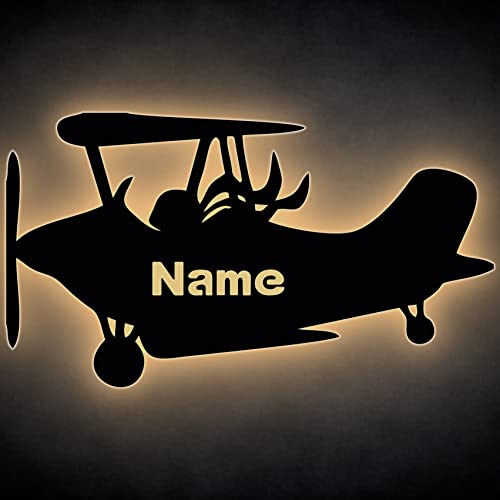 LEON FOLIEN Flugzeug LED Deko Schlummerlicht Nachtlicht Sportflugzeug Kinderlampe Wandlicht Wandlampe - personalisiert mit Wunsch Name Abendlicht Kinderzimmer Geschenk zum Geburtstag Taufen von LEON FOLIEN