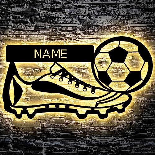 LEON FOLIEN Fußball Nachtlicht Schlummerlicht Geschenk Deko MDF Holz led Wand - Lampe personalisiert mit Namen für Kinder Jungs Mädchen Junge zum Geburtstag von LEON FOLIEN