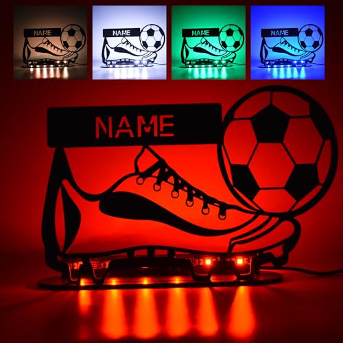 LEON FOLIEN LED RGB Tischdeko Fussball Lampe personalisiert mit Namen für Kinder Jungs Mädchen Junge zum Geburtstag Nachtlicht Schlummerlicht Geschenk Deko MDF Holz von LEON FOLIEN