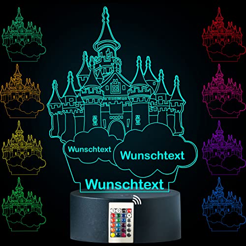 LEON - FOLIEN Schloss 3D Illusion Märchenschloss Lampe personalisiert mit Wunschtext Nachtlicht Tischlampe 16 Farben USB Touch Switch Led Taufgeschenk Spielzimmer Deko von LEON - FOLIEN