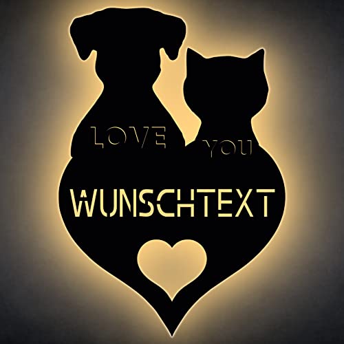 hund & katze Schlummerlicht personalisiert mit Name Led Lasergravur aus Holz Nachtlicht Geschenk Wandschild (Love You) von LEON - FOLIEN