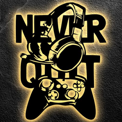 NEVER QUIT Led Schild - Gamer Geschenkidee Zimmer Beleuchtung Wand Lampe - Zimmer Deko - Besondere Geschenke für Videospiel Fans - Jungs Männer Freund von LEON FOLIEN