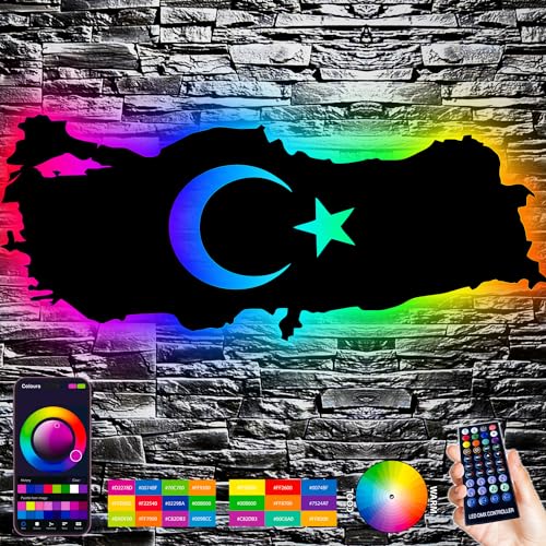 Türkei Karte mit türkischem Wappen Emblem Türkiye Schlummerlicht Nachtlicht Deko RGB LED Stern und Halbmond Turkey Geschenk für Freunde zum Geburtstag, Party - Wandbeleuchtung von LEON FOLIEN