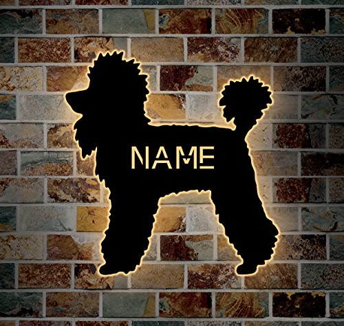 Pudel Hund Schlummerlicht personalisiert mit Name Led Lasergravur aus MDF Holz Nachtlicht Geschenk Wandschild von LEON - FOLIEN