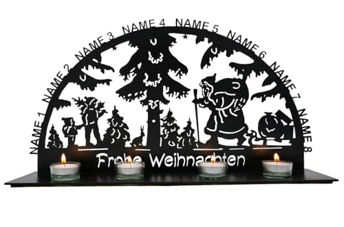 Teelichthalter Kerzenständer 4 Stück Weihnachten Kerzenhalter Tischdeko Deko Weihnachtsdekoration Frohe Weihnachten personalisierte Weihnachtsmann Lichterbogen Schild mit bis zu 8 Namen - Lasergravur von LEON FOLIEN