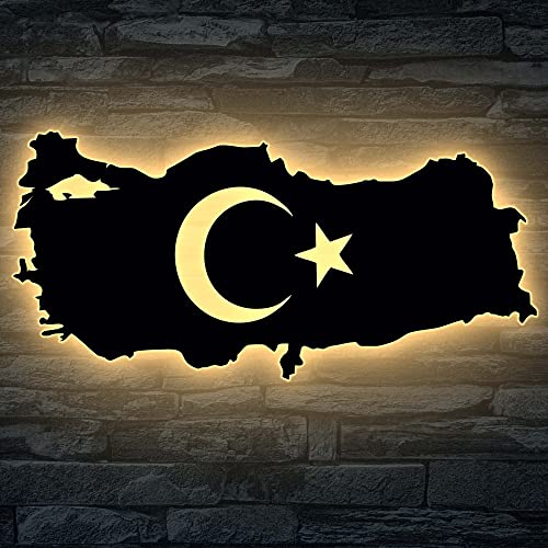 Türkei Karte mit türkischem Led Wappen Emblem Türkiye Schlummerlicht Nachtlicht Deko Stern und Halbmond Turkey Geschenk für Freunde zum Geburtstag aus MDF Holz von LEON FOLIEN