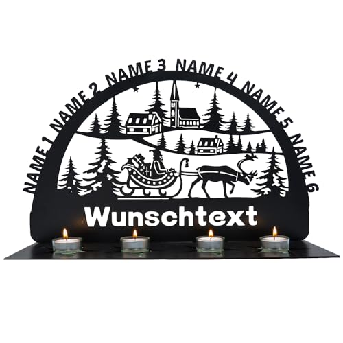 Weihnachten Kerzenständer Teelichthalter 4 Stück, Kerzenhalter Tischdeko Deko, Weihnachtsdekoration Schwibbogen personalisierte Weihnachtsmann Lichterbogen Schild mit bis zu 5 Namen - Lasergravur von LEON FOLIEN