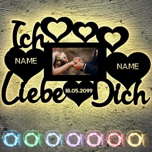 Ich liebe dich mit Bilderrahmen Led Deko Schlummerlicht Nachtlicht , Foto + Herzchen personalisiert mit Wunsch Namen i love you - Wandlampe Geschenkidee in13 Farben von LEON FOLIEN