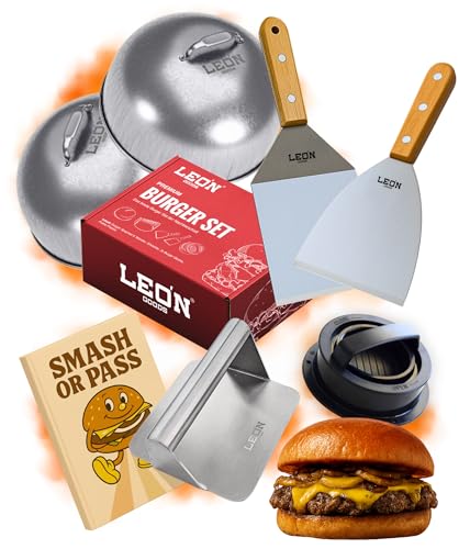 LEÓN Goods® : Smash Burger Set [ Edelstahl ] Das Beste Burger Set - Buchenholzgriff und Edelstahl. Hochwertiges Burger zubehör in der Geschenkbox. Burger Smasher Set + Rezeptbuch (6-TLG.) von LEÓN Goods