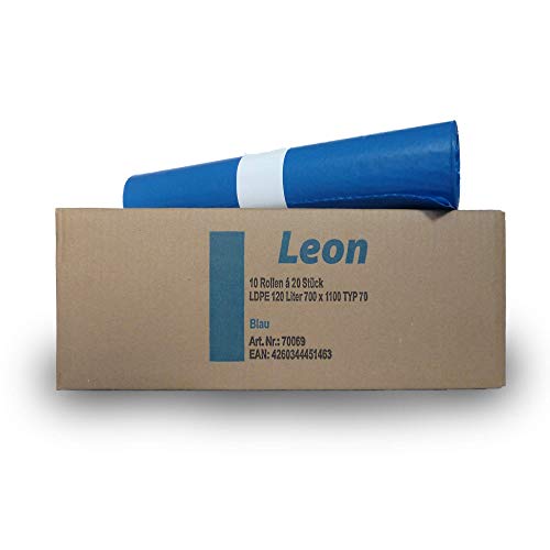 LEON extra starke Müllsäcke - 120 l blau – 10 x 15 Stück - Blaue Säcke groß - extra starke Müllbeutel - Abfallsäcke von Leon