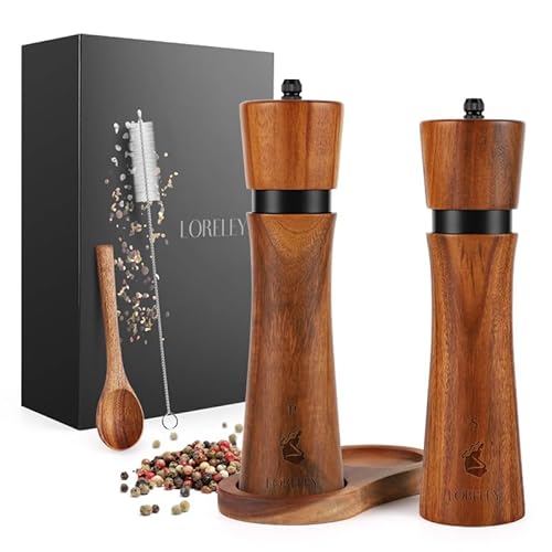 LORELEY® MITTELRHEIN Germany Salz- & Pfeffermühle aus Holz mit Keramikmahlwerk – inkl. Untersetzer & Pinsel – Gewürzmühle in Geschenkbox – Geschenk zur Hochzeit | Einweihung (Deluxe Edelstahl) von LEONARDINO