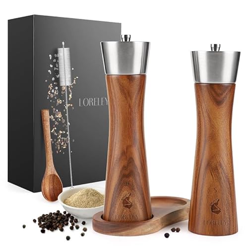 LORELEY® MITTELRHEIN Germany Salz- & Pfeffermühle aus Holz mit Keramikmahlwerk – inkl. Untersetzer & Pinsel – Gewürzmühle in Geschenkbox – Geschenk zur Hochzeit | Einweihung (Premium Edelstahl) von LEONARDINO
