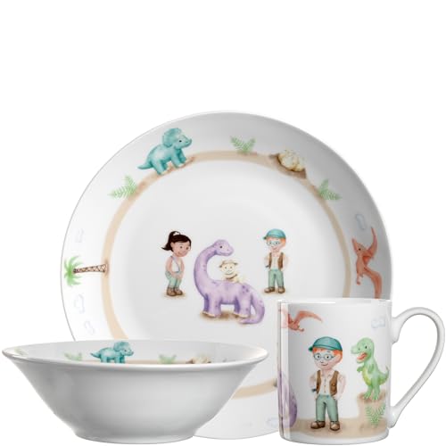 Leonardo Bambini Avventura Kinder Geschirr-Set 3-teilig - Kinder-Geschirr aus Porzellan - Spülmaschinenfest, mikrowellengeeignet, robust - 3er Set Schale, Tasse und Teller mit Motiv "Dino", 022805 von LEONARDO HOME