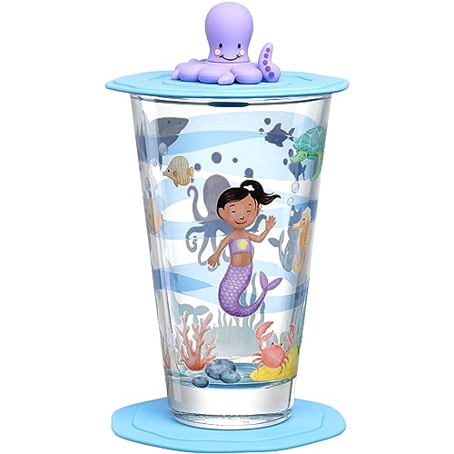 LEONARDO HOME Bambini Avventura Kinderglas mit Deckel und Untersetzer - Trinkglas mit Motiv aus hochwertigem Glas - Größe L, Inhalt 300 ml - 3-teiliges Trinkset mit Motiv Meer, 023675 von LEONARDO HOME