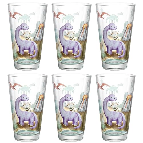 LEONARDO HOME Bambini Avventura Trinkbecher-Set 6-teilig - Kindergläser mit Motiv aus hochwertigem Glas - Größe L, Inhalt 300 ml - 6er Set mit Motiv Dino, 044422 von LEONARDO HOME