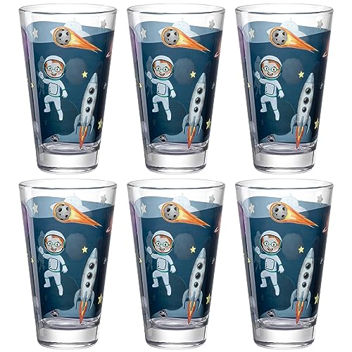 LEONARDO HOME Bambini Avventura Trinkbecher-Set 6-teilig - Kindergläser mit Motiv aus hochwertigem Glas - Größe L, Inhalt 300 ml - 6er Set mit Motiv Weltall, 044413 von LEONARDO HOME