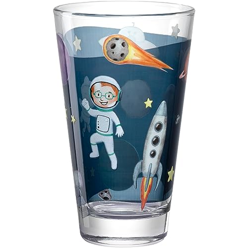 LEONARDO HOME Bambini Avventura Trinkglas für Kinder - Kinderbecher mit Motiv aus hochwertigem Glas - Größe L, Inhalt 300 ml - Kinderglas mit Motiv Weltall, 044413 von LEONARDO HOME