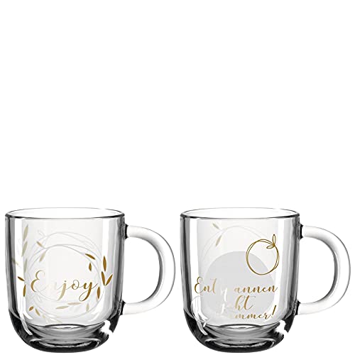 Leonardo Presente Geschenk-Tassen Set Enjoy, 2-teilig, spülmaschinengeeignete Glas-Tassen, Tee-Tassen mit goldenem Schriftzug und Motiv, 400 ml, 025602 von LEONARDO HOME