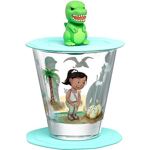 LEONARDO HOME Bambini Avventura Kinderglas mit Deckel und Untersetzer - Trinkglas mit Motiv aus hochwertigem Glas - Größe S, Inhalt 215 ml - 3-teiliges Trinkset mit Motiv Dino, 023678 von LEONARDO HOME